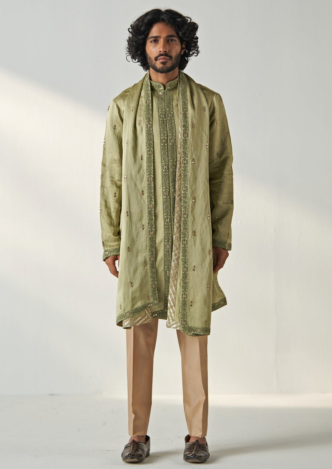 Green Mirror Work Chanderi Silk Kurta Pant Set Studio Bagechaa - Men - Fabilicious Fashion