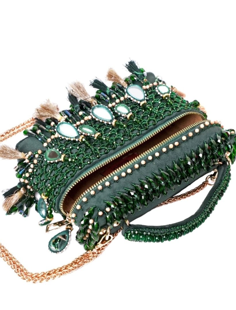 Green Mirrorwork Embellished Vanity Bag House of Kosha - Fabilicious Fashion
