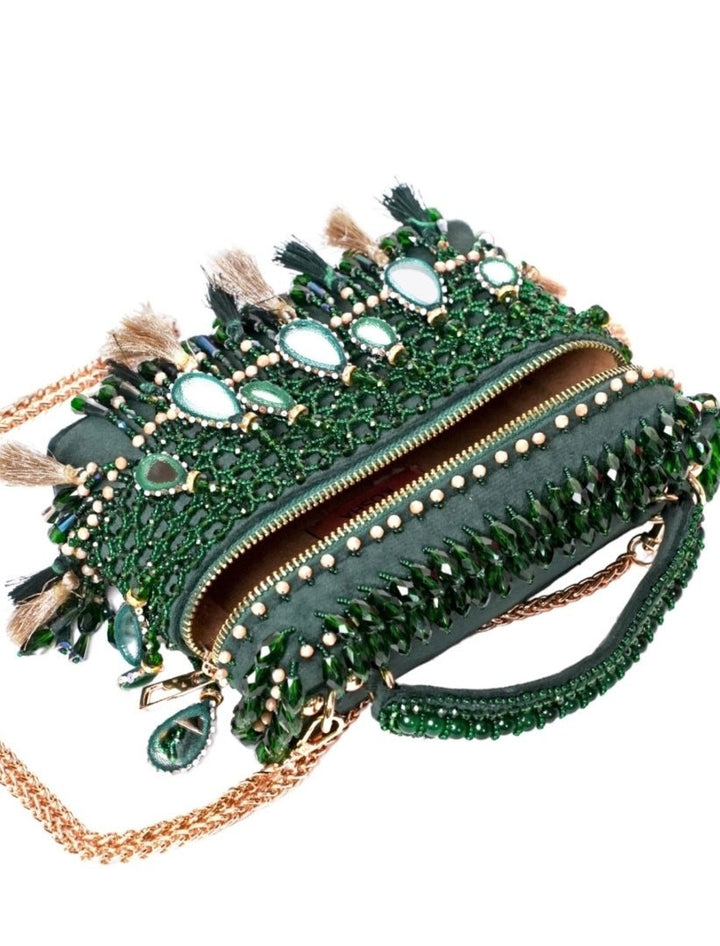 Green Mirrorwork Embellished Vanity Bag House of Kosha - Fabilicious Fashion
