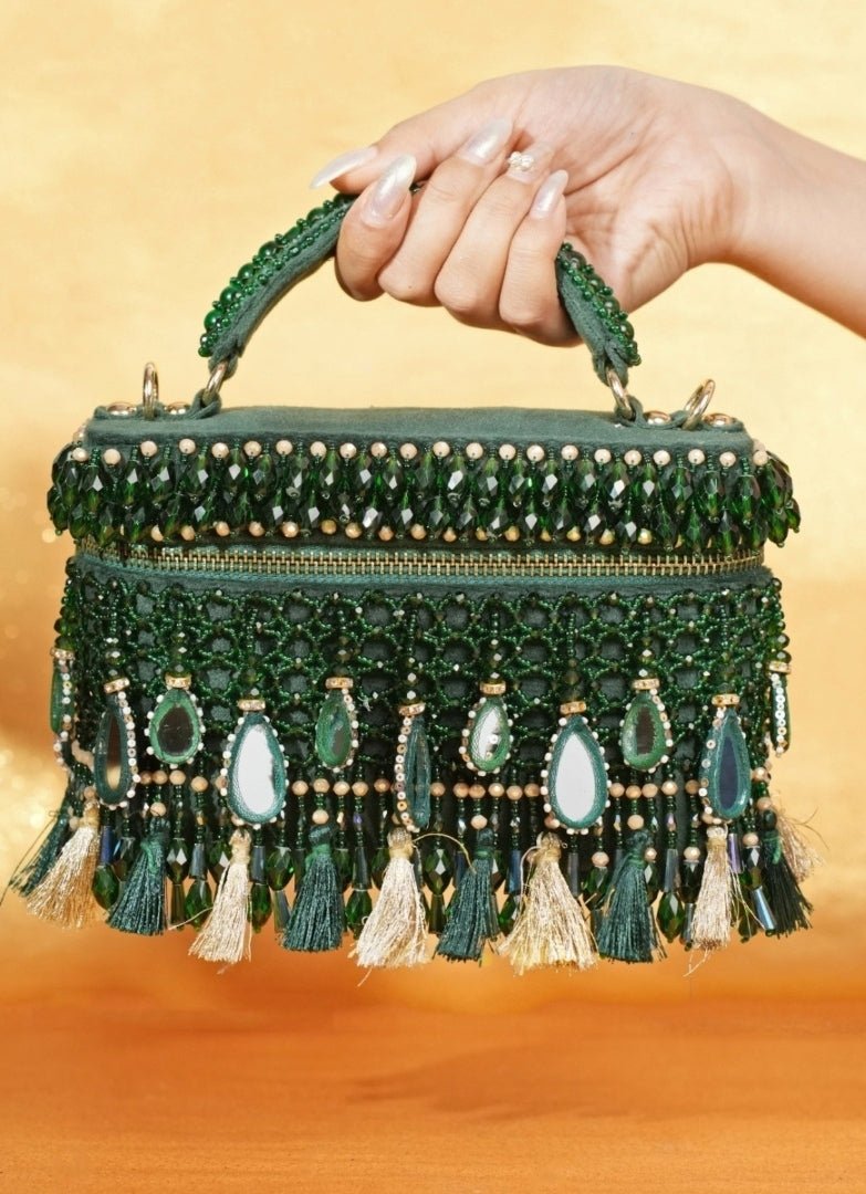 Green Mirrorwork Embellished Vanity Bag House of Kosha - Fabilicious Fashion