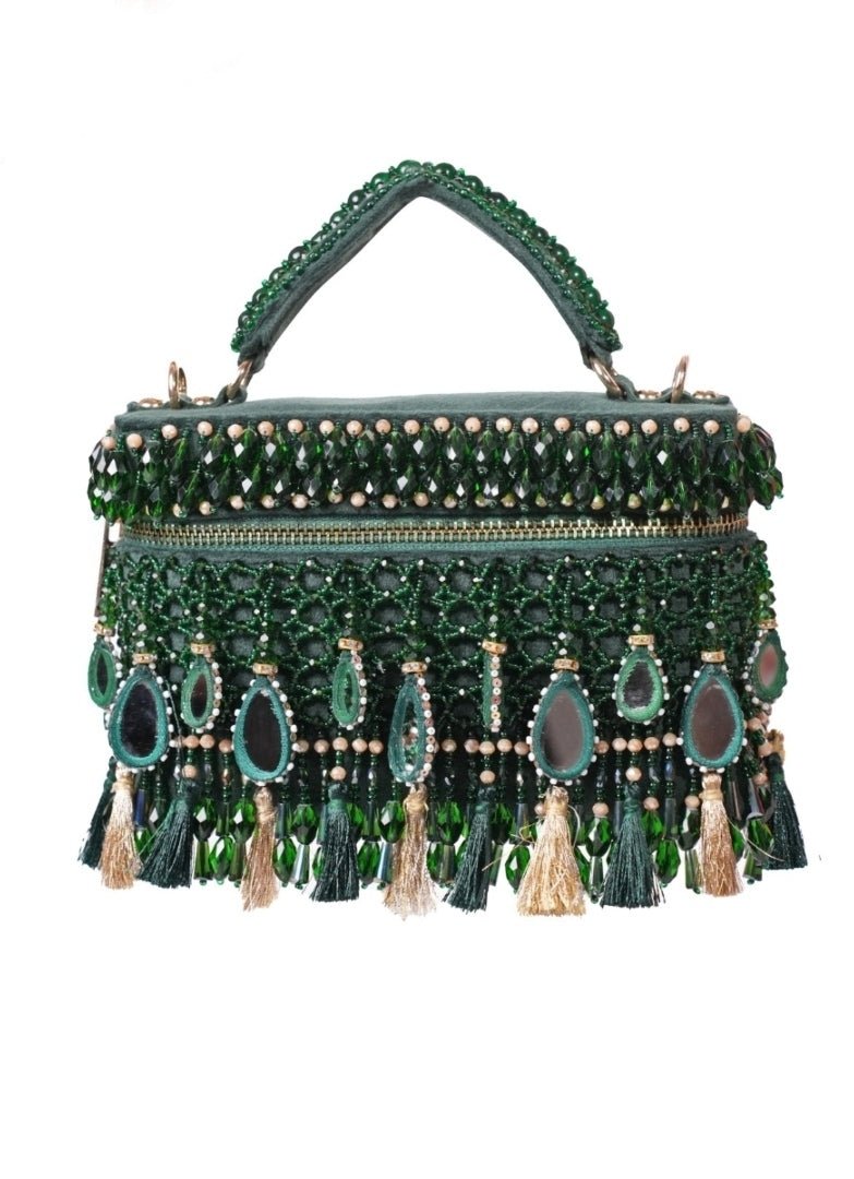 Green Mirrorwork Embellished Vanity Bag House of Kosha - Fabilicious Fashion