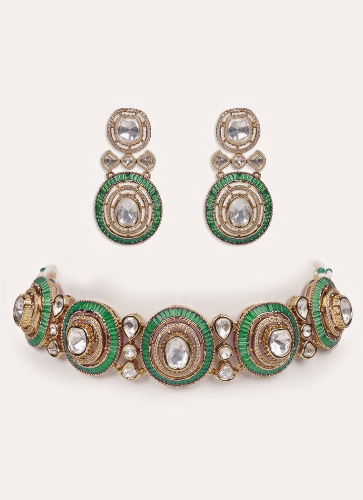 Green Moissanite Stone Gold Choker Set Zevar by Geeta - Fabilicious Fashion
