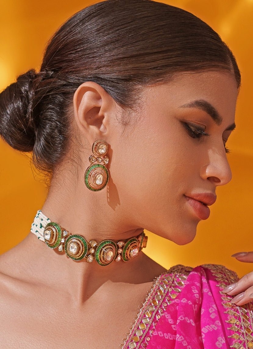 Green Moissanite Stone Gold Choker Set Zevar by Geeta - Fabilicious Fashion