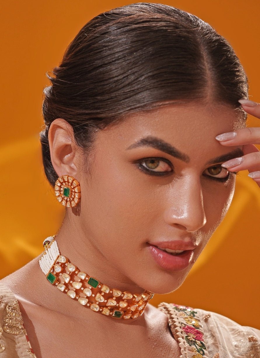Green Moissanite Stone Gold Choker Set Zevar by Geeta - Fabilicious Fashion