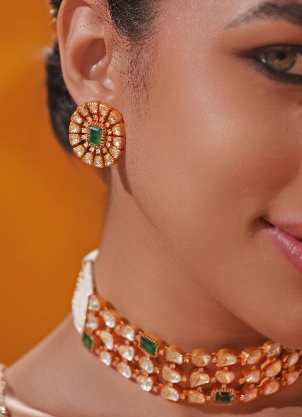 Green Moissanite Stone Gold Choker Set Zevar by Geeta - Fabilicious Fashion