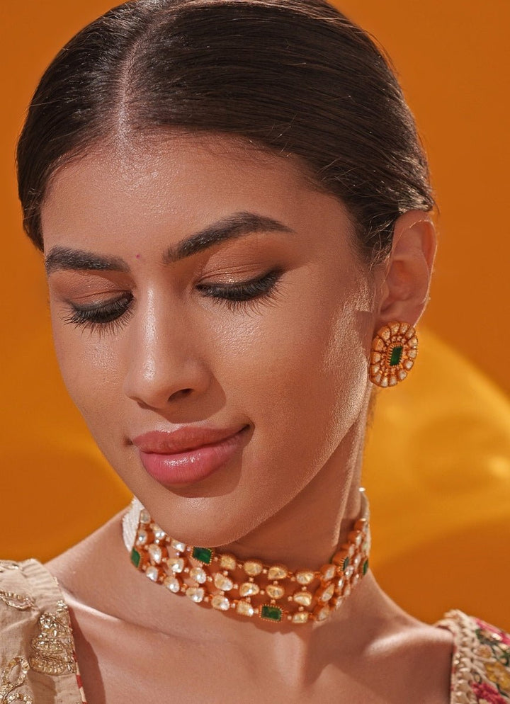 Green Moissanite Stone Gold Choker Set Zevar by Geeta - Fabilicious Fashion