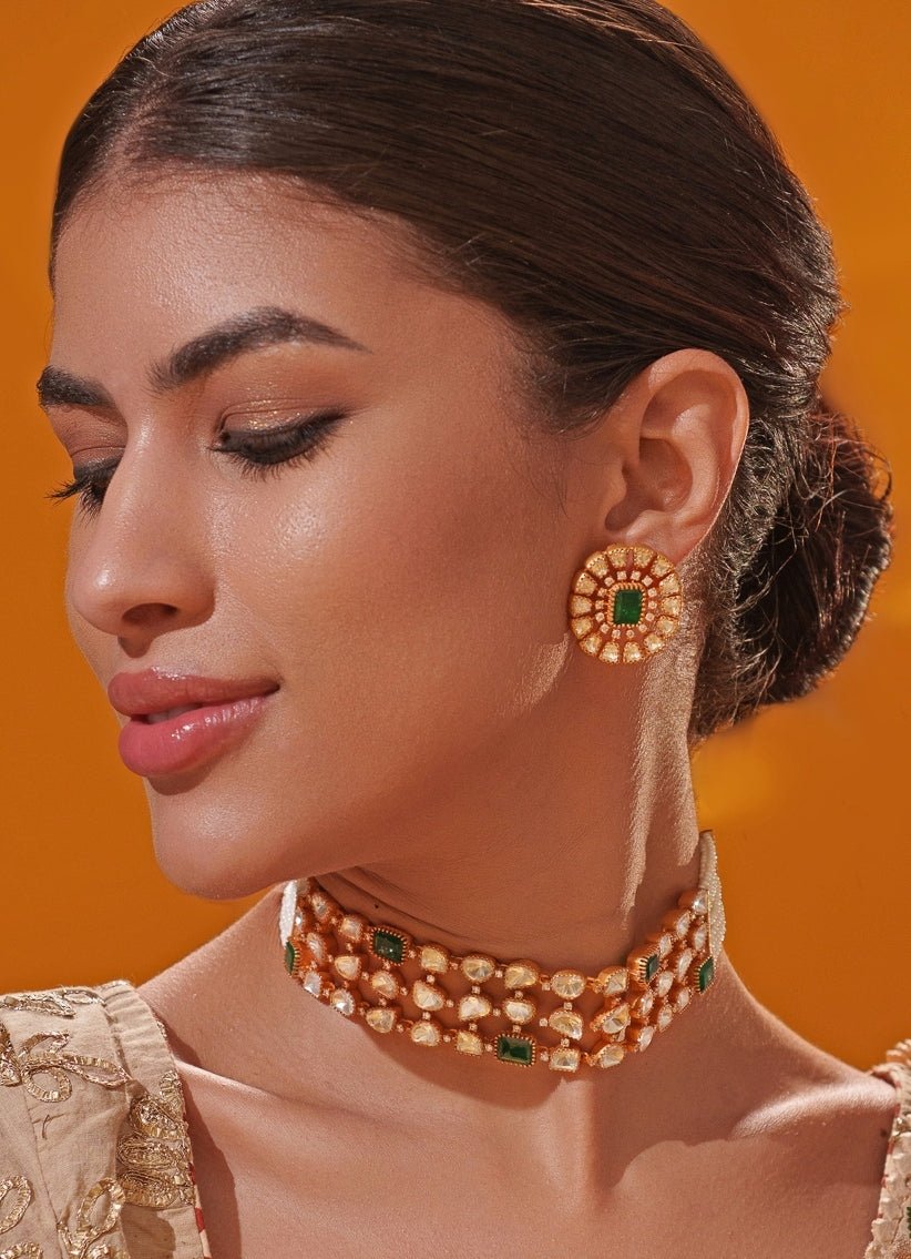 Green Moissanite Stone Gold Choker Set Zevar by Geeta - Fabilicious Fashion