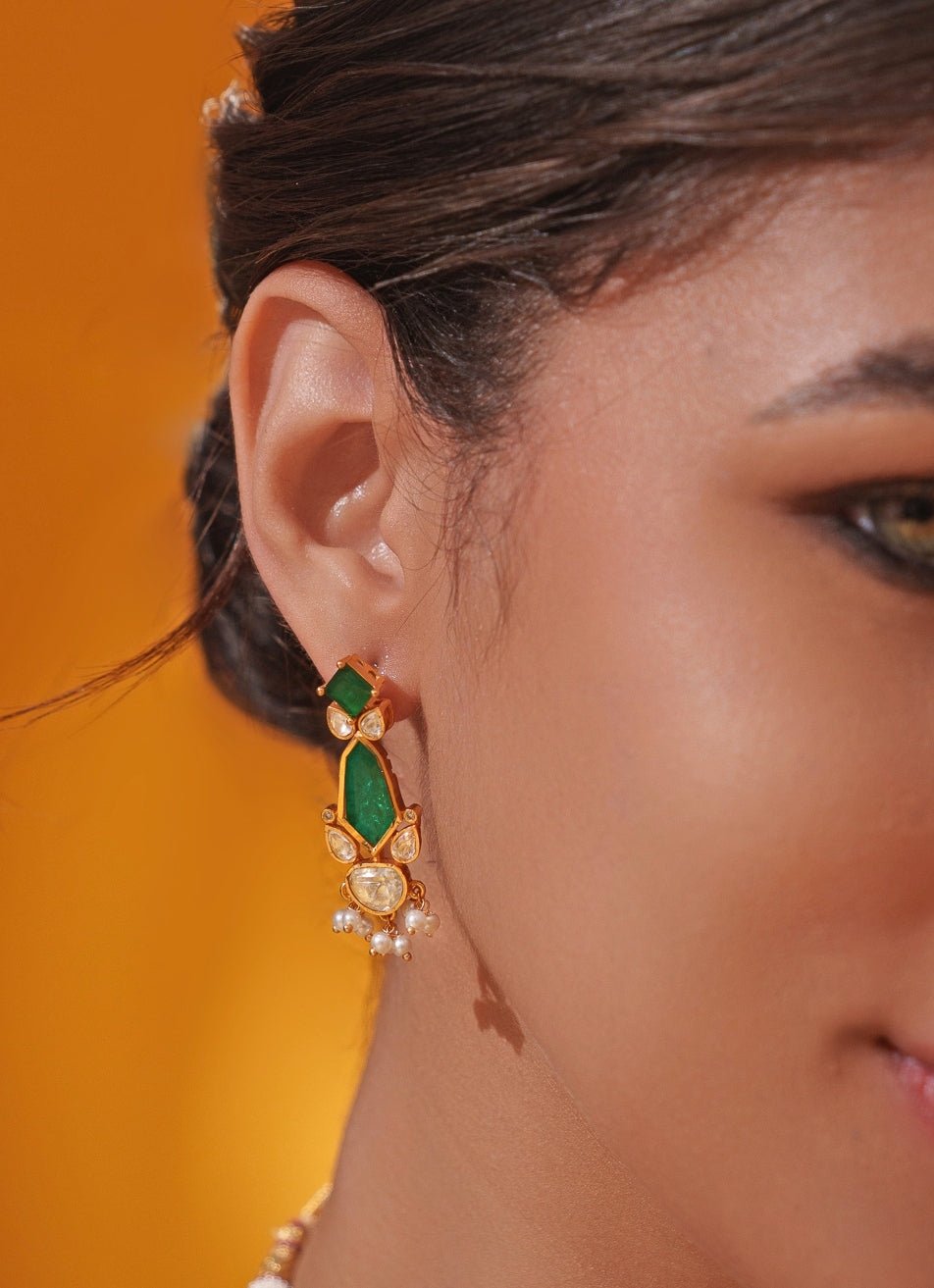 Green Moissanite Stone Gold Long Necklace Set Zevar by Geeta - Fabilicious Fashion