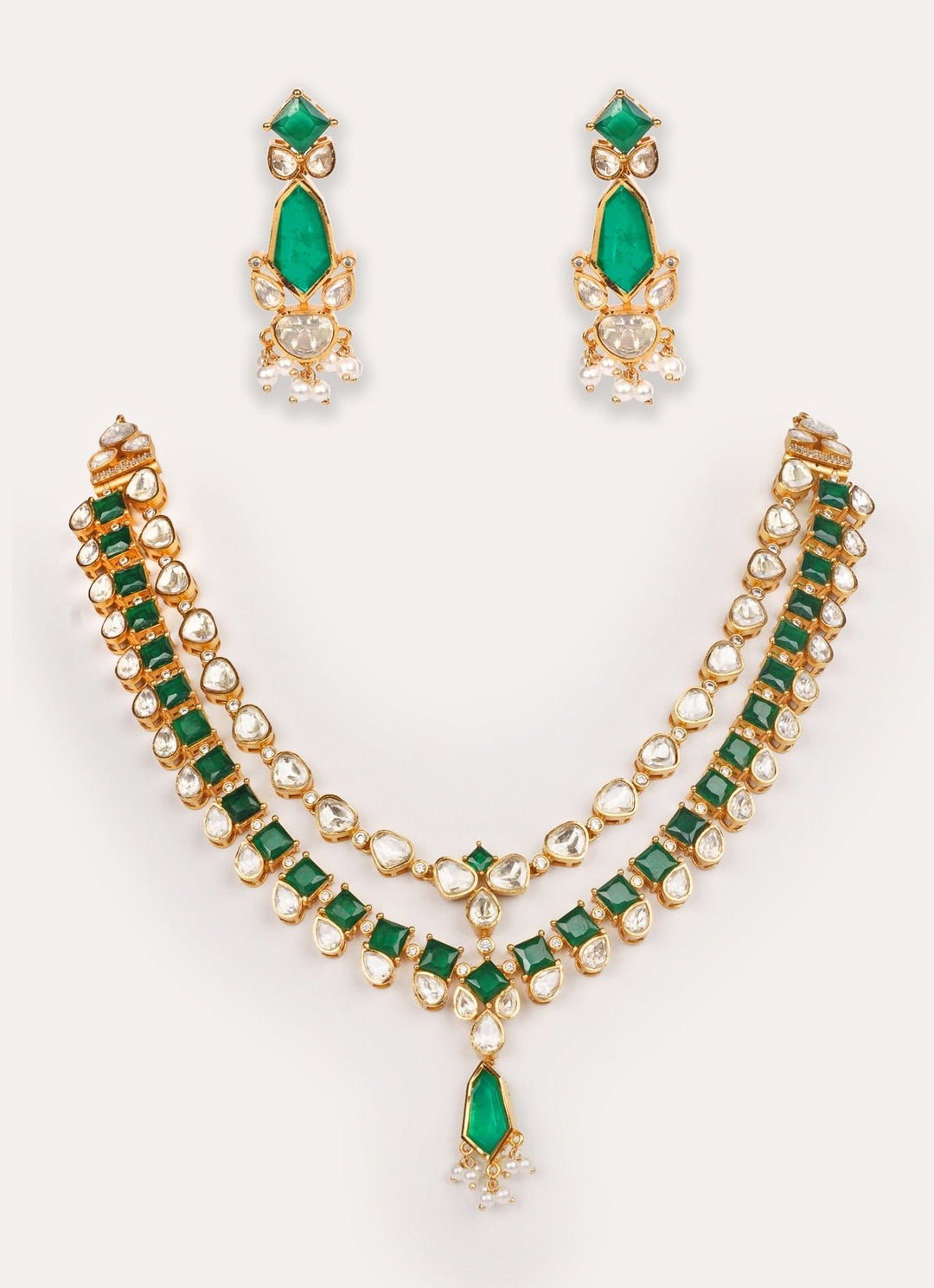 Green Moissanite Stone Gold Long Necklace Set Zevar by Geeta - Fabilicious Fashion
