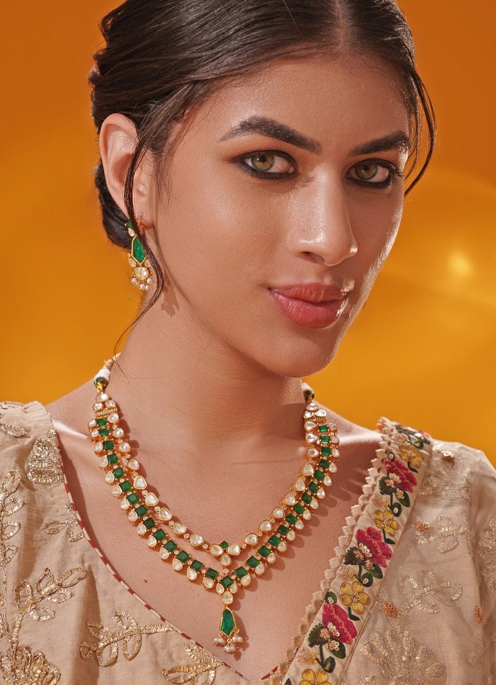 Green Moissanite Stone Gold Long Necklace Set Zevar by Geeta - Fabilicious Fashion