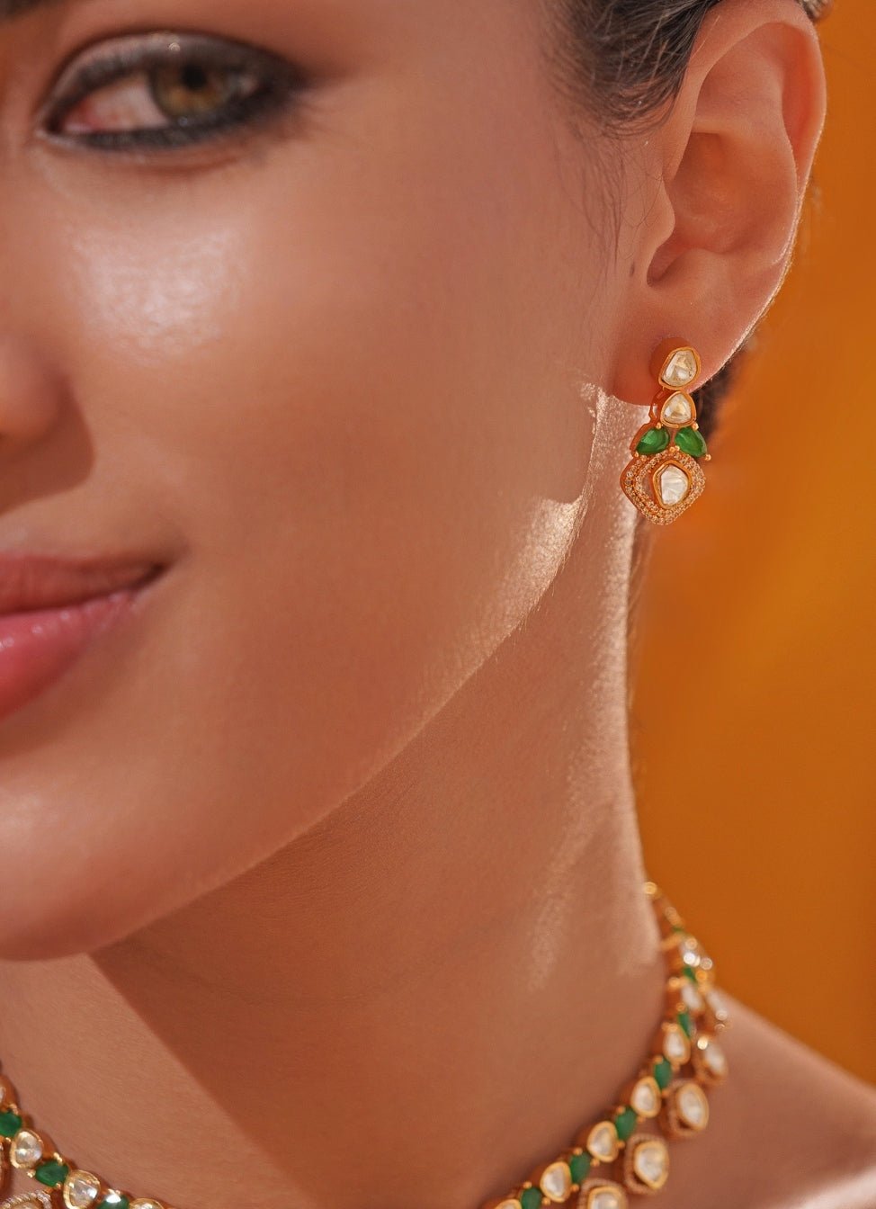 Green Moissanite Stone Gold Necklace Set Zevar by Geeta - Fabilicious Fashion