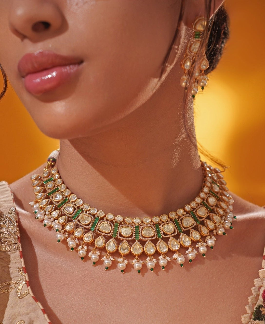 Green Moissanite Stone Gold Necklace Set Zevar by Geeta - Fabilicious Fashion