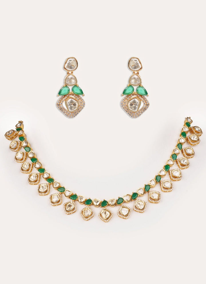 Green Moissanite Stone Gold Necklace Set Zevar by Geeta - Fabilicious Fashion