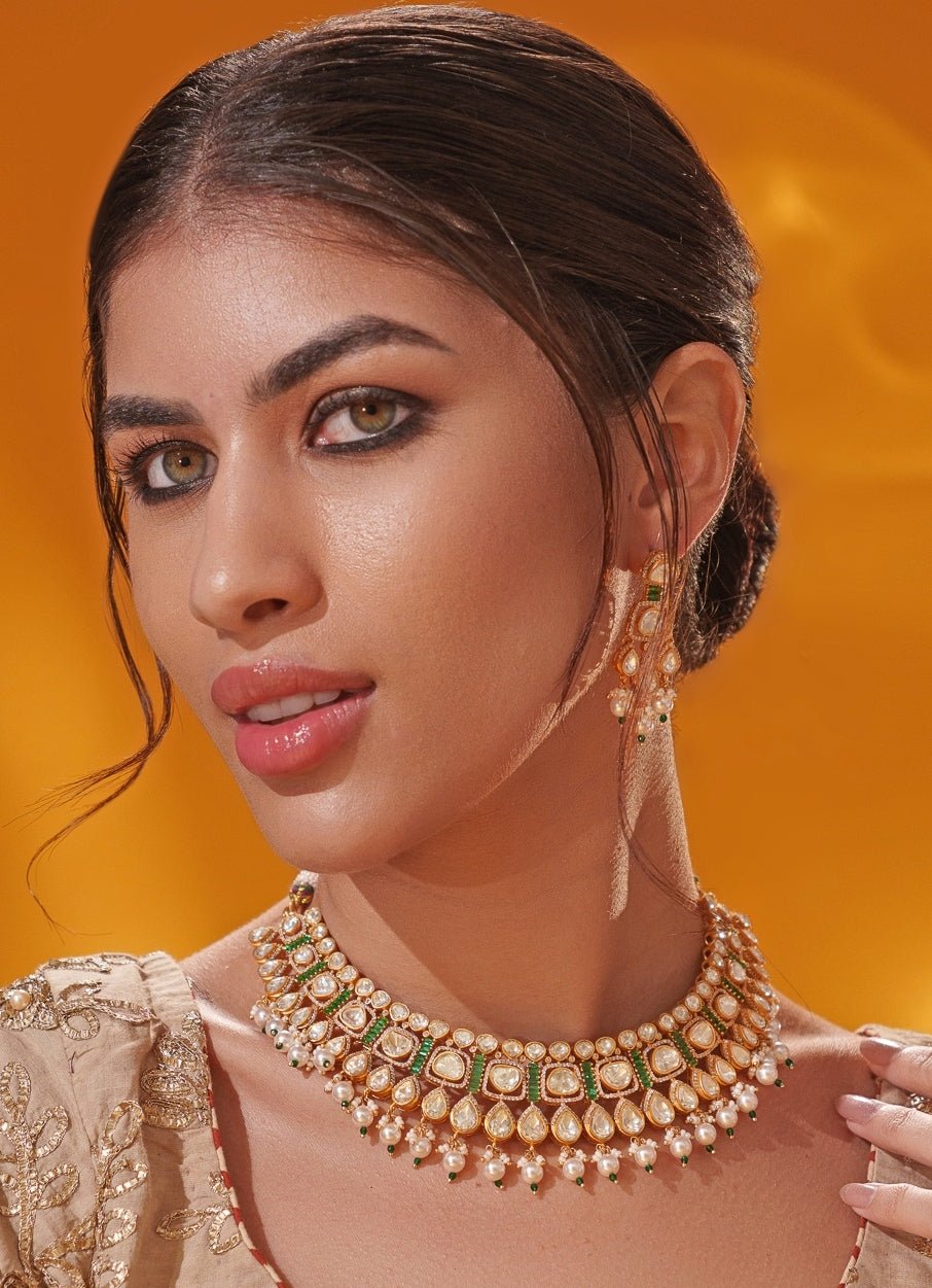 Green Moissanite Stone Gold Necklace Set Zevar by Geeta - Fabilicious Fashion