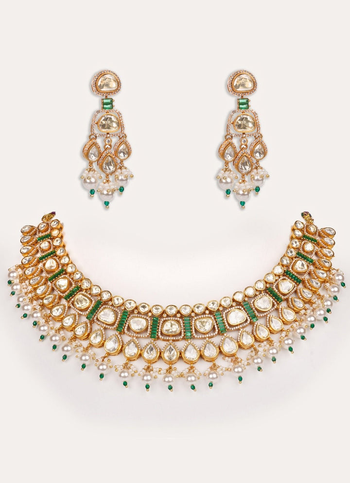 Green Moissanite Stone Gold Necklace Set Zevar by Geeta - Fabilicious Fashion