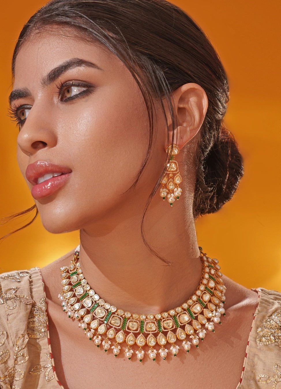 Green Moissanite Stone Gold Necklace Set Zevar by Geeta - Fabilicious Fashion