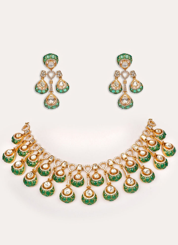 Green Moissanite Stone Gold Necklace Set Zevar by Geeta - Fabilicious Fashion