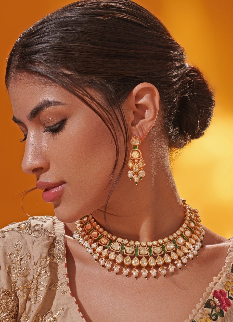 Green Moissanite Stone Gold Necklace Set Zevar by Geeta - Fabilicious Fashion