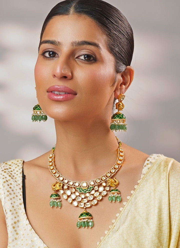 Green Moissanite Stone Gold Necklace Set Zevar by Geeta - Fabilicious Fashion
