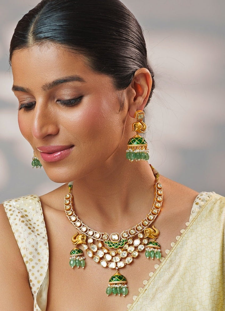 Green Moissanite Stone Gold Necklace Set Zevar by Geeta - Fabilicious Fashion
