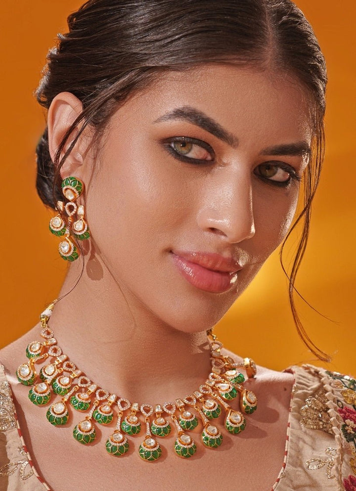 Green Moissanite Stone Gold Necklace Set Zevar by Geeta - Fabilicious Fashion