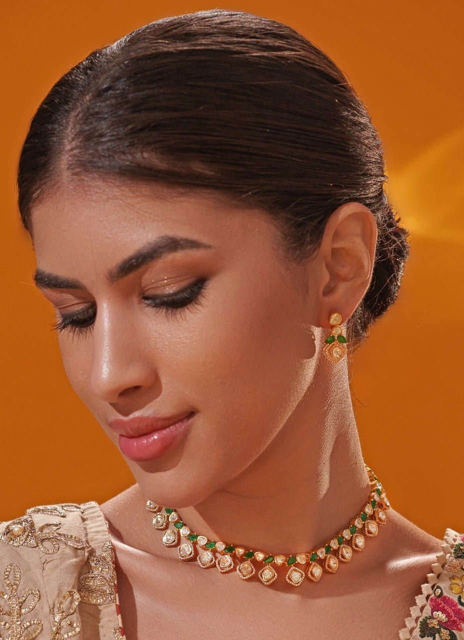 Green Moissanite Stone Gold Necklace Set Zevar by Geeta - Fabilicious Fashion