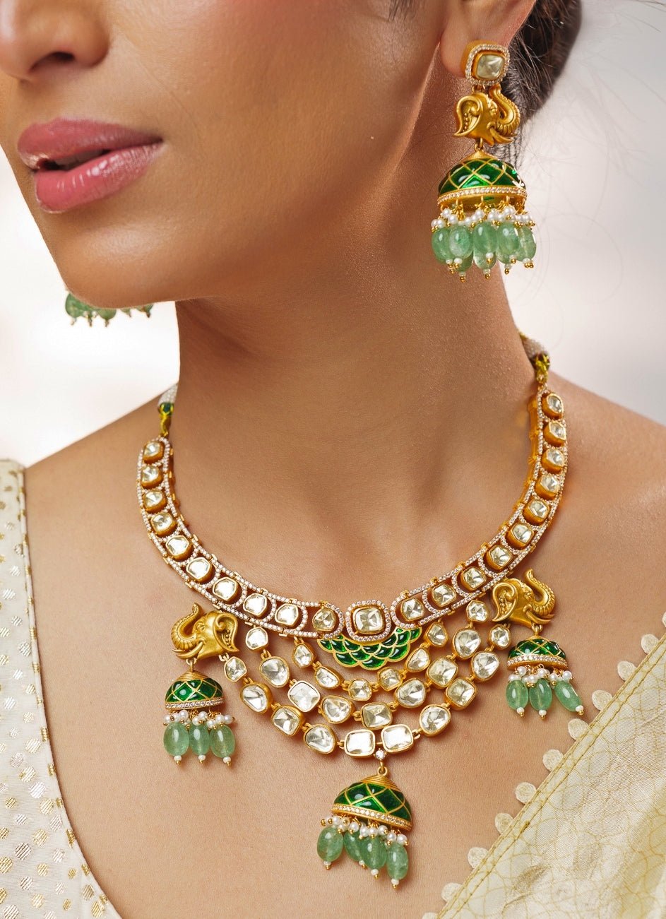 Green Moissanite Stone Gold Necklace Set Zevar by Geeta - Fabilicious Fashion