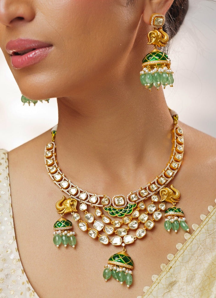 Green Moissanite Stone Gold Necklace Set Zevar by Geeta - Fabilicious Fashion