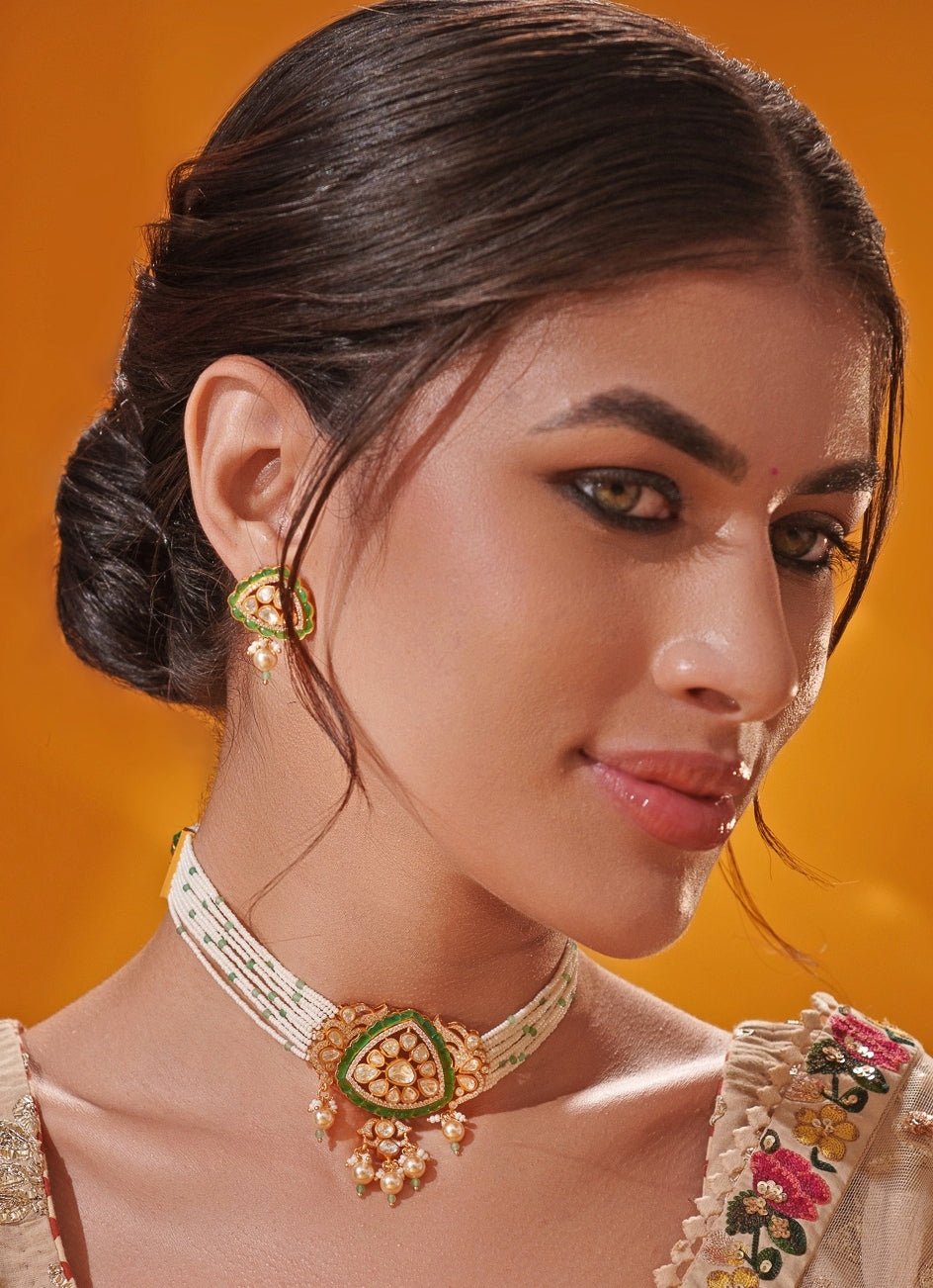 Green Moissanite Stone Gold Pearl Choker Set Zevar by Geeta - Fabilicious Fashion