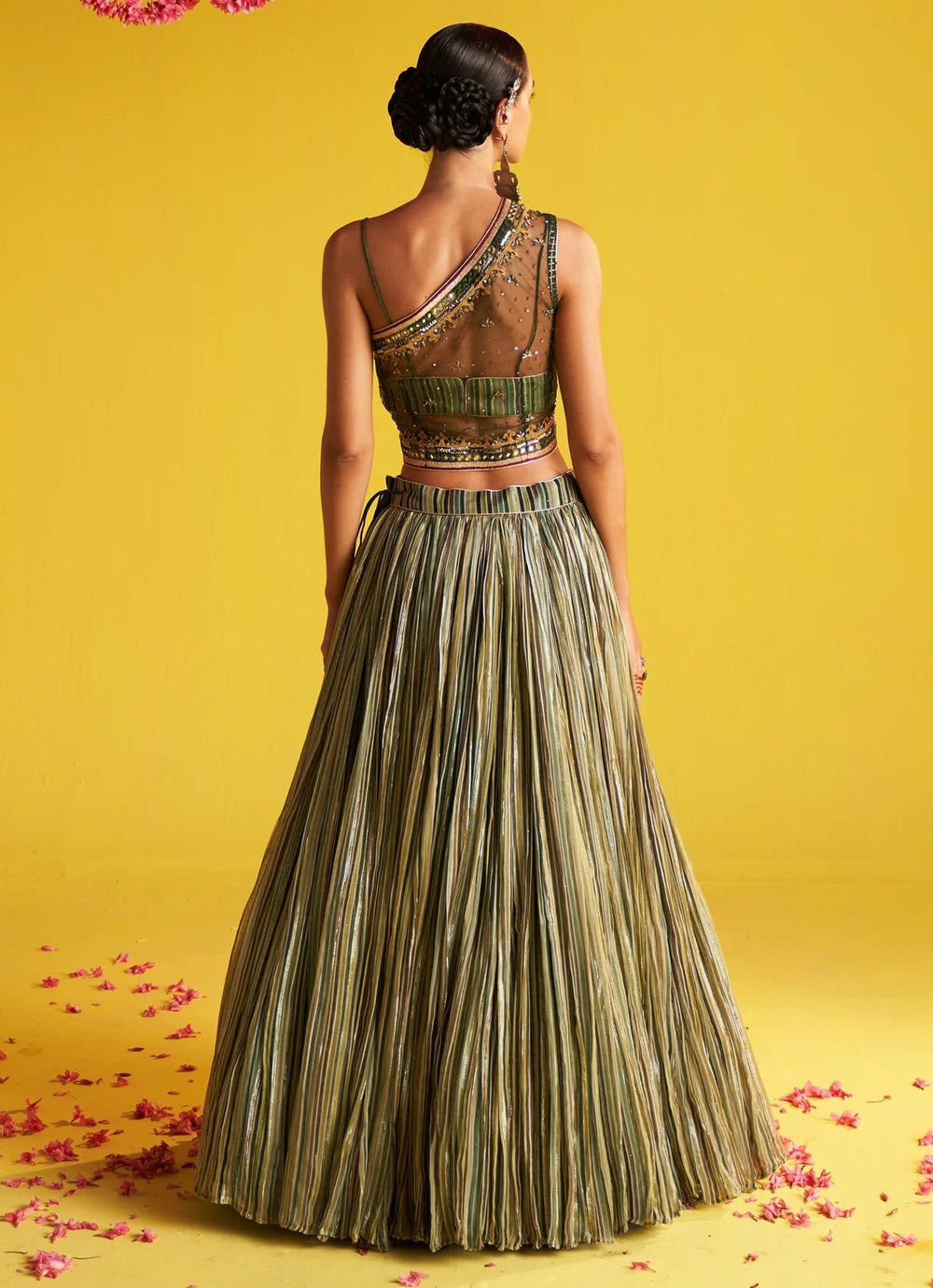 Green Multicolor Embroidered Skirt With One - Shoulder Blouse Set Studio Bagechaa - Fabilicious Fashion