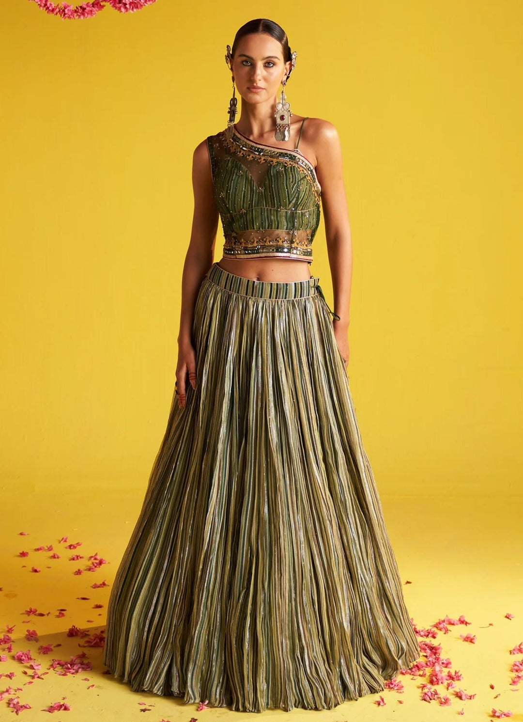 Green Multicolor Embroidered Skirt With One - Shoulder Blouse Set Studio Bagechaa - Fabilicious Fashion