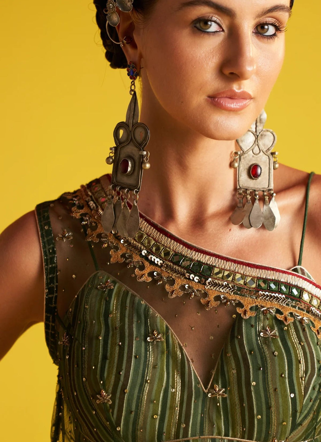 Green Multicolor Embroidered Skirt With One - Shoulder Blouse Set Studio Bagechaa - Fabilicious Fashion
