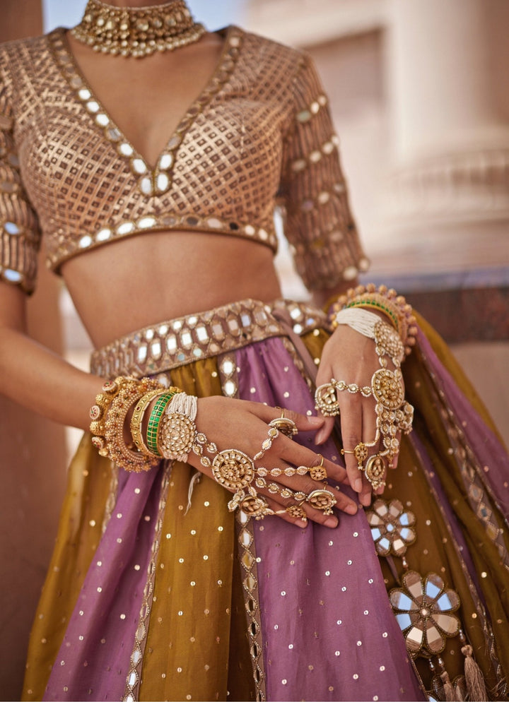 Green Multicolour Sequins Lehenga With Half Sleeve Blouse Vvani by Vani Vats - Fabilicious Fashion
