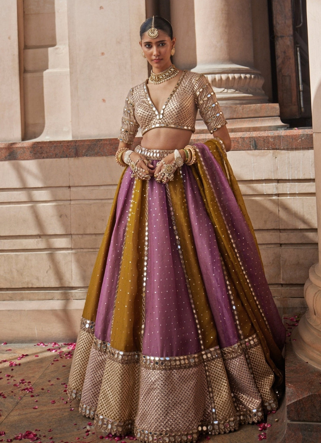 Green Multicolour Sequins Lehenga With Half Sleeve Blouse Vvani by Vani Vats - Fabilicious Fashion