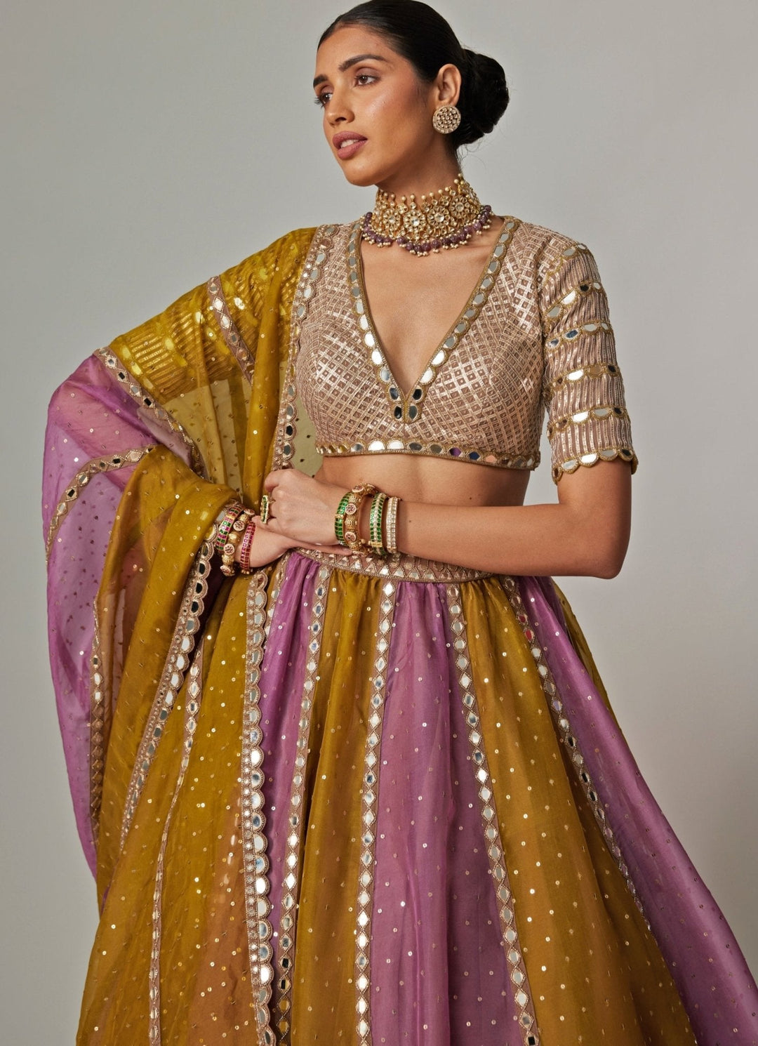 Green Multicolour Sequins Lehenga With Half Sleeve Blouse Vvani by Vani Vats - Fabilicious Fashion