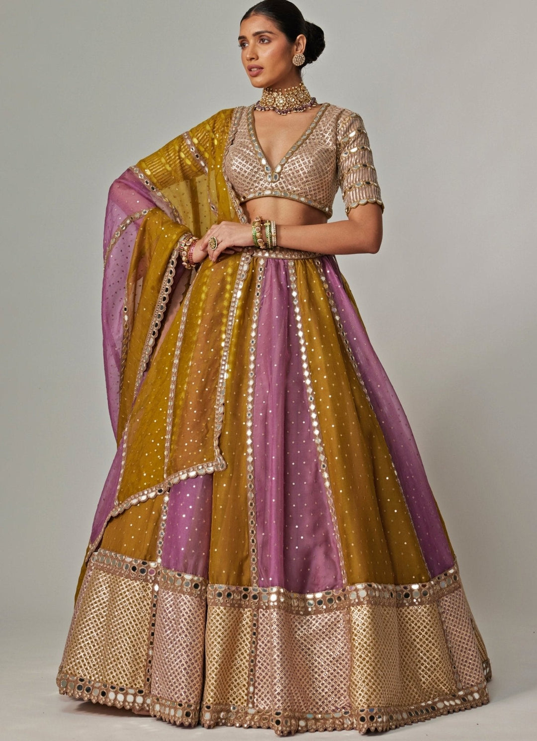 Green Multicolour Sequins Lehenga With Half Sleeve Blouse Vvani by Vani Vats - Fabilicious Fashion