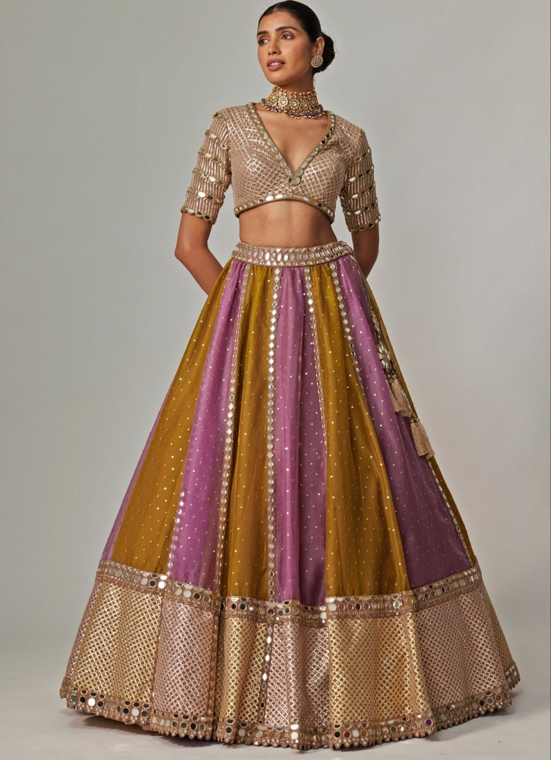 Green Multicolour Sequins Lehenga With Half Sleeve Blouse Vvani by Vani Vats - Fabilicious Fashion