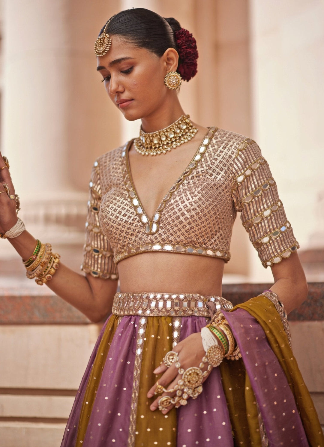 Green Multicolour Sequins Lehenga With Half Sleeve Blouse Vvani by Vani Vats - Fabilicious Fashion