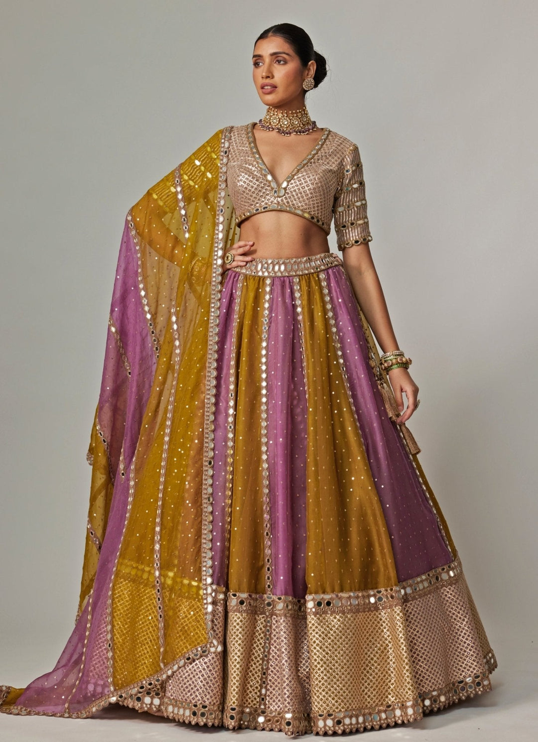 Green Multicolour Sequins Lehenga With Half Sleeve Blouse Vvani by Vani Vats - Fabilicious Fashion