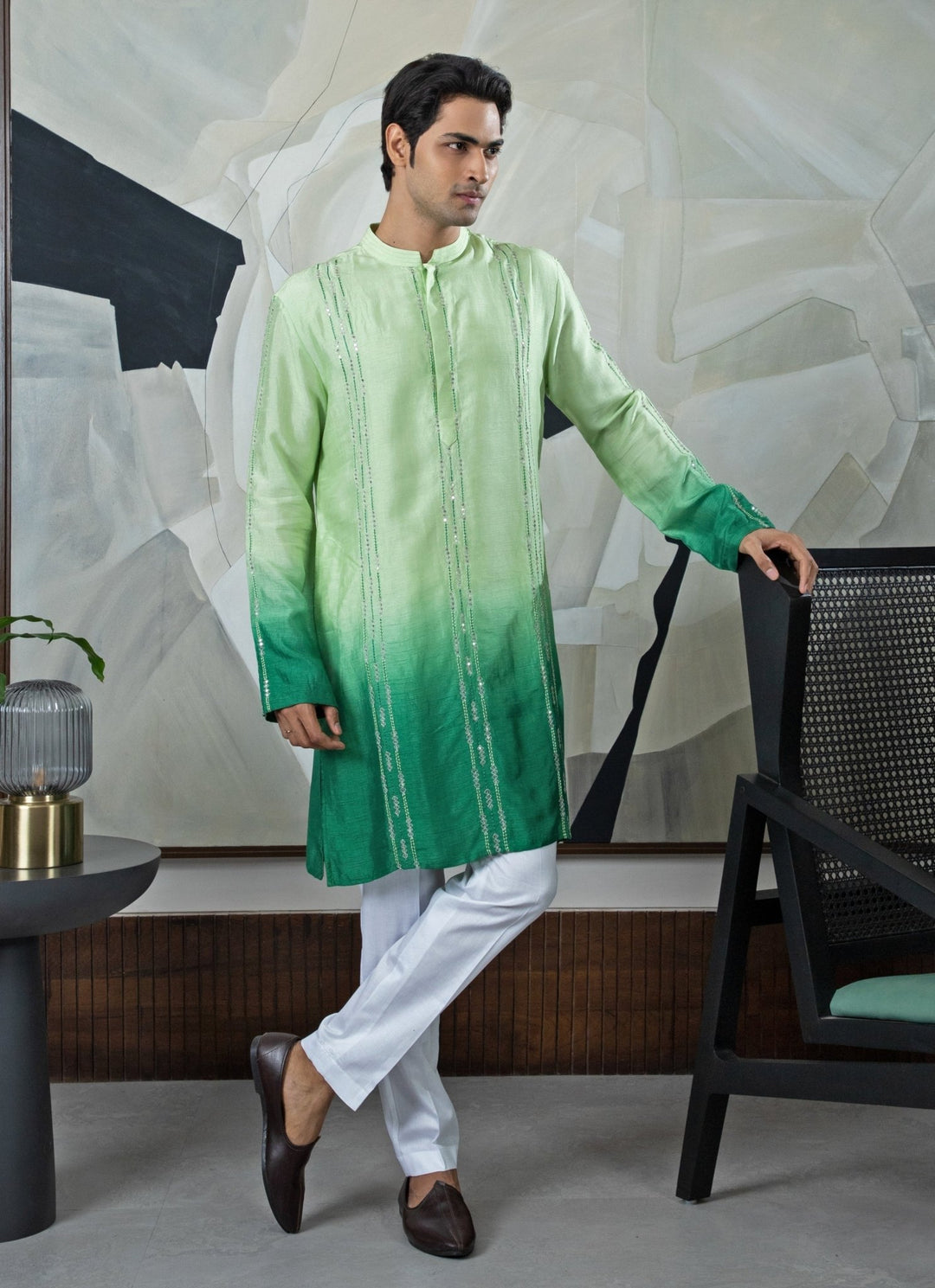 Green Ombre Embroidered Silk Kurta Pant Set Smriti - Fabilicious Fashion