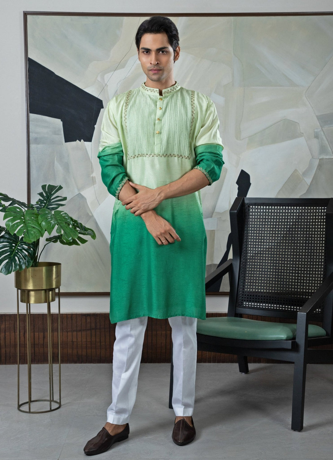 Green Ombre Embroidered Silk Kurta Set Smriti - Fabilicious Fashion