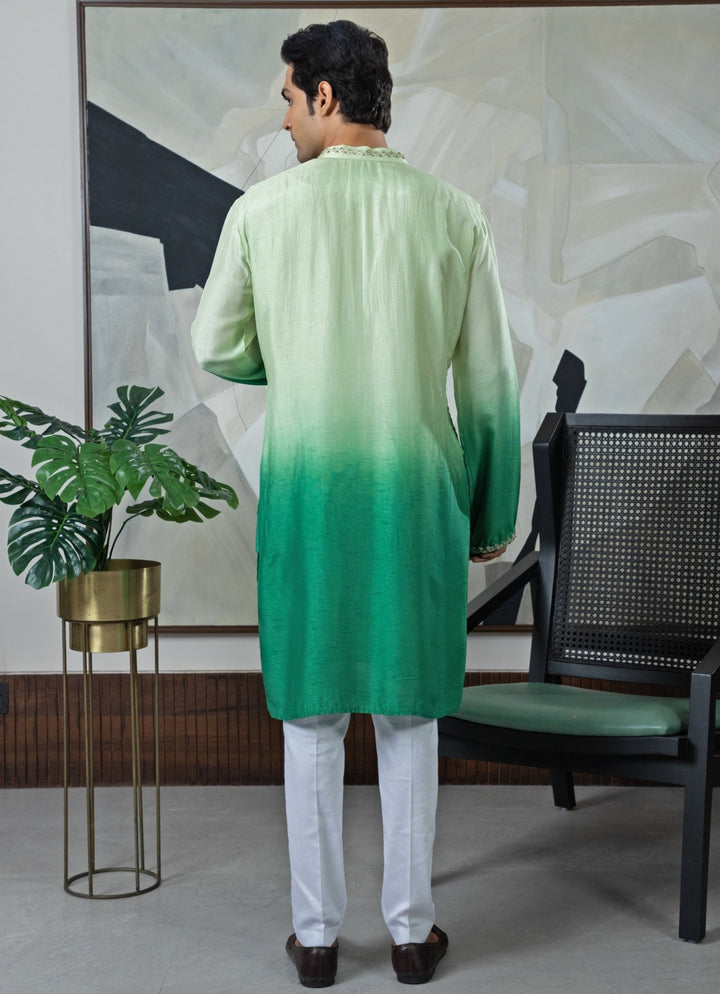 Green Ombre Embroidered Silk Kurta Set Smriti - Fabilicious Fashion