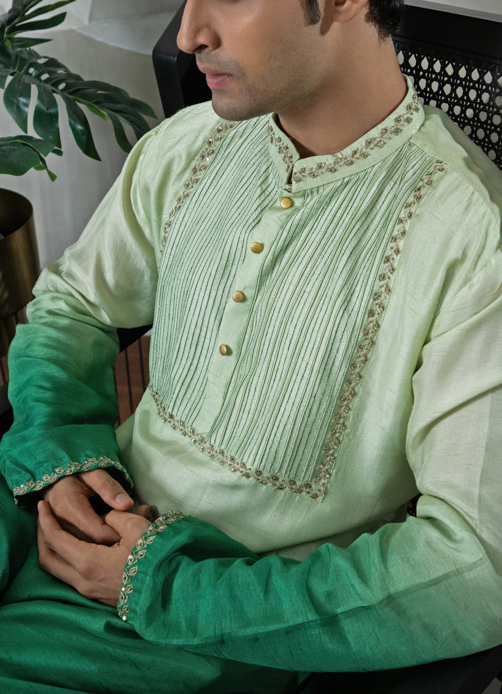 Green Ombre Embroidered Silk Kurta Set Smriti - Fabilicious Fashion