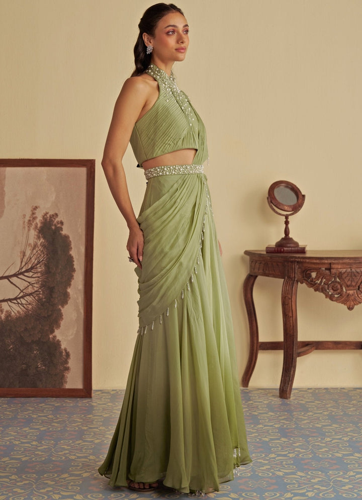 Green Ombre Predraped Saree With Halter Blouse Jade by Ashima - Fabilicious Fashion