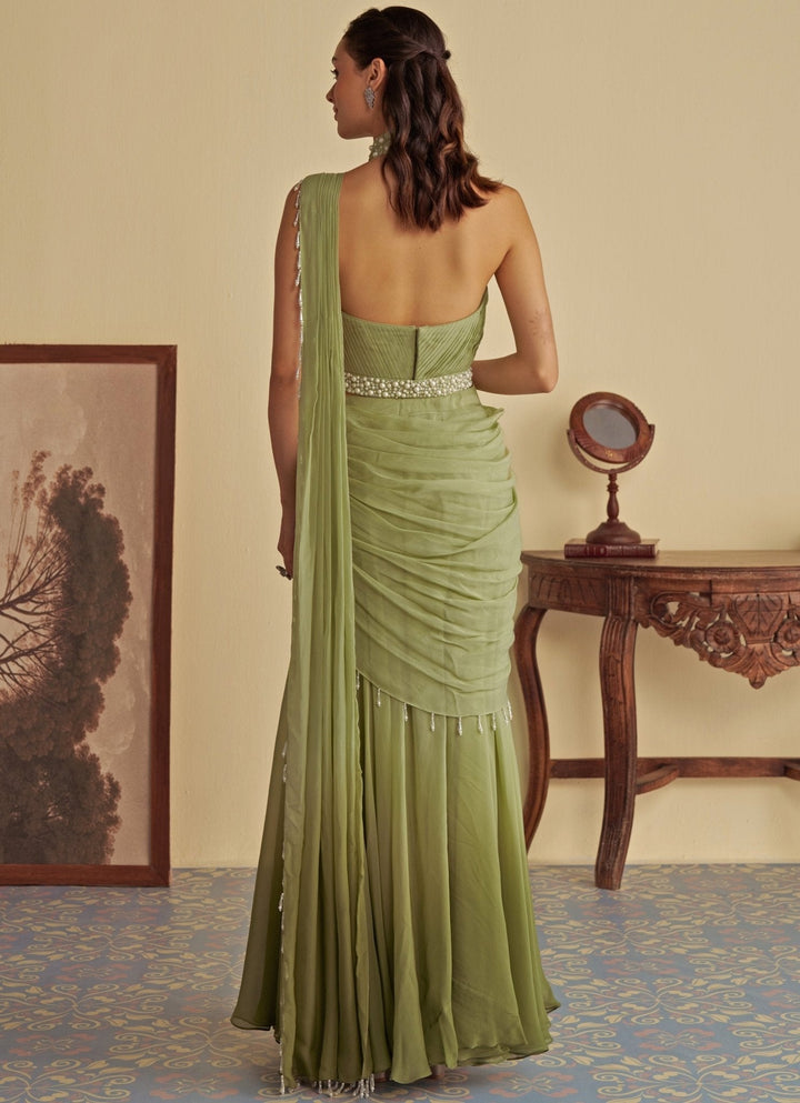 Green Ombre Predraped Saree With Halter Blouse Jade by Ashima - Fabilicious Fashion