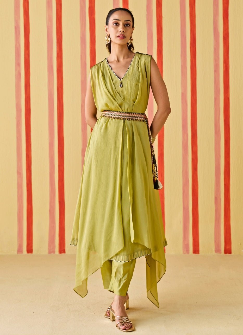 Green Organza Asymmetric Kurta Pants Set Studio Bagechaa - Fabilicious Fashion