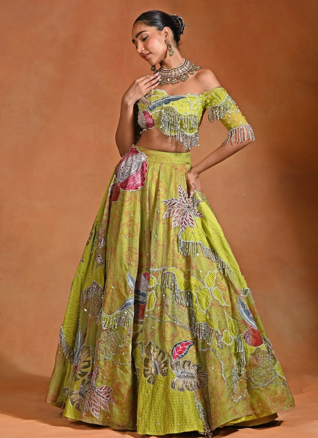 Rishi and Vibhuti Green Organza Lehenga Set With Off Shoulder BlouseFabilicious Fashion