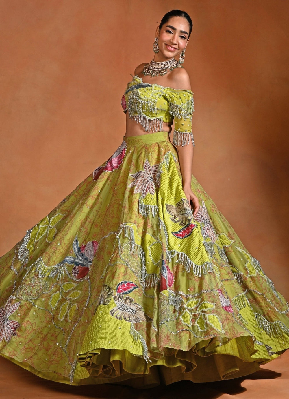 Rishi and Vibhuti Green Organza Lehenga Set With Off Shoulder BlouseFabilicious Fashion