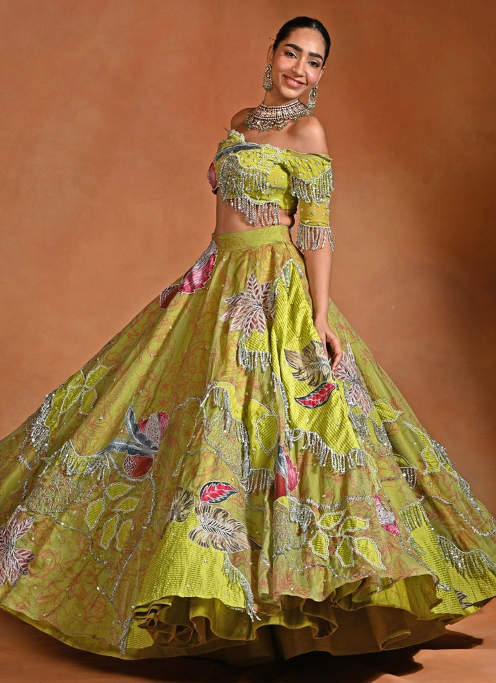 Rishi and Vibhuti Green Organza Lehenga Set With Off Shoulder BlouseFabilicious Fashion