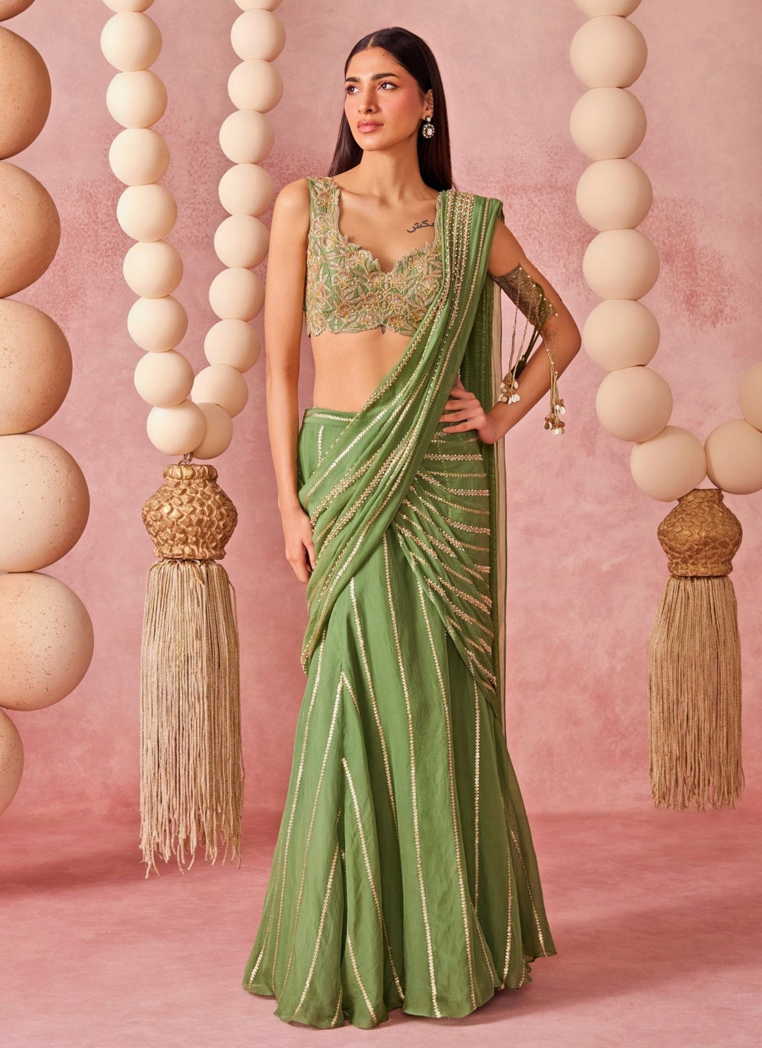 Chamee And Palak Green Organza Pre-Draped Saree SetFabilicious Fashion